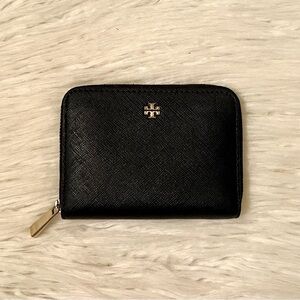 Tory Burch Black Leather Zip Around Coin Case